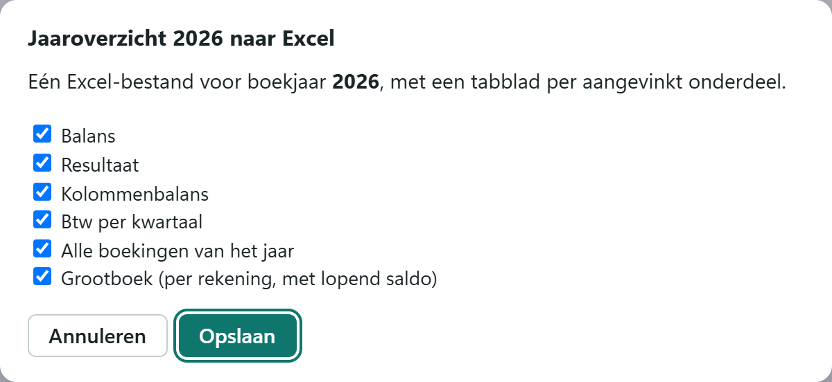 Het venster Jaaroverzicht naar Excel met vinkjes voor Balans, Resultaat, Kolommenbalans, Btw per kwartaal, Alle boekingen van het jaar en Grootboek.