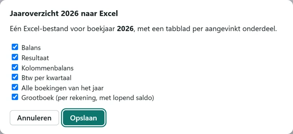 Het venster Jaaroverzicht naar Excel met vinkjes voor Balans, Resultaat, Kolommenbalans, Btw per kwartaal, Alle boekingen van het jaar en Grootboek.