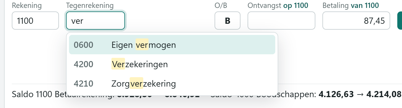 Het vakje Tegenrekening waarin ver is getypt. De keuzelijst toont Eigen vermogen, Verzekeringen en Zorgverzekering.